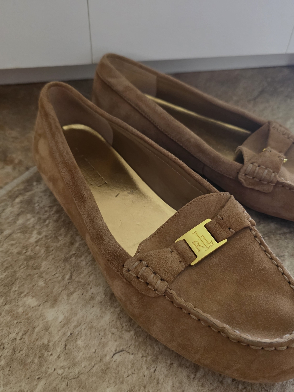 Ralph Lauren Tan Suede Moccasin Loafers with Gold RL Plaque